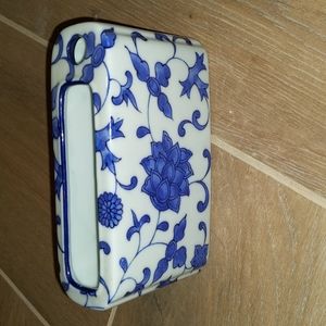 Paper pad and pen holder - blue white porcelain